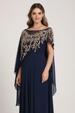 Glitrende Navy Chiffon Kjole til brudens mor med kappe