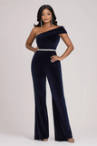 Glitrende Navy One Shoulder Bodycon Velvet Beaded Prom Jumpsuit