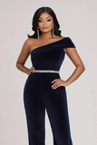 Glitrende Navy One Shoulder Bodycon Velvet Beaded Prom Jumpsuit