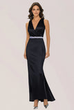 Glitrende Svart Havfrue Wrap Beaded V-hals Lang Formell Kjole