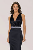 Glitrende Svart Havfrue Wrap Beaded V-hals Lang Formell Kjole