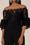 Svarte Off the Shoulder Halvermer Chiffon lange jumpsuits