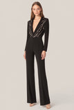 Svart dyp V-hals lange ermer sateng lange formelle jumpsuits