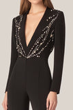 Svart dyp V-hals lange ermer sateng lange formelle jumpsuits