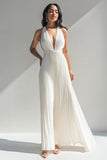 Elfenben halterneck chiffon plissert lang formell kjole