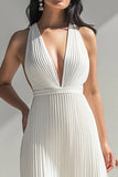 Elfenben halterneck chiffon plissert lang formell kjole