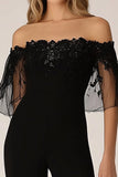Black Off the Shoulder Chiffon formelle jumpsuits med applikasjoner