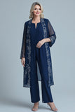 Jumpsuit Navy applikasjoner Chiffon lange ermer firkantet hals Brudens mor sett