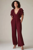 Burgunder Ruffled Ermer Chiffon Mother Jumpsuit