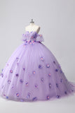 Glitrende lilla ballkjole fra skulderen puffermer tyll Quinceanera kjole med 3D-blomster