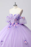 Glitrende lilla ballkjole fra skulderen puffermer tyll Quinceanera kjole med 3D-blomster