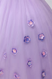 Glitrende lilla ballkjole fra skulderen puffermer tyll Quinceanera kjole med 3D-blomster
