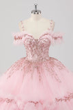 Prinsesse Blush ballkjole kald skulder volanger tyll quinceanera kjole med paljettbroderi