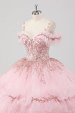 Prinsesse Blush ballkjole kald skulder volanger tyll quinceanera kjole med paljettbroderi