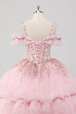 Prinsesse Blush ballkjole kald skulder volanger tyll quinceanera kjole med paljettbroderi