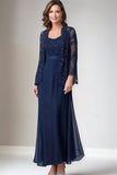 Navy Chiffon A Line Mother Of the Bride kjole med jakker