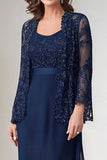 Navy Chiffon A Line Mother Of the Bride kjole med jakker