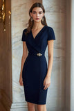 Navy V-hals korte ermer Slim Wrap formell kjole