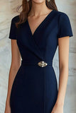 Navy V-hals korte ermer Slim Wrap formell kjole