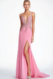 Rosa V-hals Spaghetti Stropper Beaded Formell Kjole