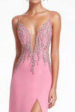 Rosa V-hals Spaghetti Stropper Beaded Formell Kjole