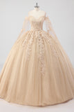 Prinsesse Champagne Off the Shoulder Cape Ermer Tyll Quinceanera Kjole med applikasjoner