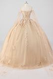 Prinsesse Champagne Off the Shoulder Cape Ermer Tyll Quinceanera Kjole med applikasjoner