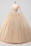 Prinsesse Champagne Off the Shoulder Cape Ermer Tyll Quinceanera Kjole med applikasjoner