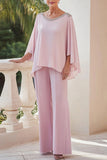 Glitrende Rosa Flytende Lange Ermer Beaded Chiffon Mother of the Bride Jumpsuit