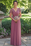 Glitrende Dusty Rose A-linje Wrap Paljetter Korte ermer Chiffon Lang Brudens Mor Kjole