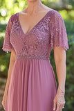 Chiffon Blonder Applique V-hals Lang Dusty Rose Brudens Mor Kjole med korte ermer