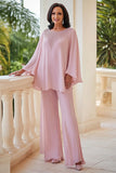 Rosa 2-delt Chiffon Scoop Beaded Mother of the Bride buksedresser med lange ermer