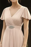 Elegant Chiffon V-hals Champagne Brudens mor kjole med korte ermer