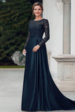 Navy Satin Lace Scoop Kjole til brudens mor med lange ermer