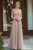 Chiffon V-hals Champagne Kjole til brudens mor med 3/4 ermer