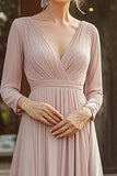 Chiffon V-hals Champagne Kjole til brudens mor med 3/4 ermer
