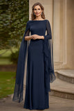 Navy Chiffon A Line Kjole til brudens mor med flagrende ermer