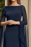 Navy Chiffon A Line Kjole til brudens mor med flagrende ermer