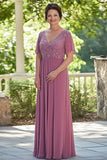 Chiffon Dusty Rose V-hals Kjole til brudens mor med halve ermer