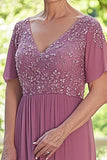 Chiffon Dusty Rose V-hals Kjole til brudens mor med halve ermer