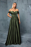 Army Green Off the Shoulder Sateng A-linje lang ballkjole