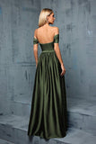 Army Green Off the Shoulder Sateng A-linje lang ballkjole