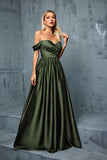 Army Green Off the Shoulder Sateng A-linje lang ballkjole