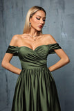 Army Green Off the Shoulder Sateng A-linje lang ballkjole