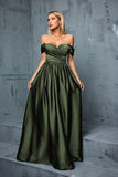 Army Green Off the Shoulder Sateng A-linje lang ballkjole