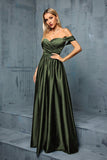 Army Green Off the Shoulder Sateng A-linje lang ballkjole