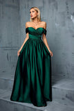 Army Green Off the Shoulder Sateng A-linje lang ballkjole