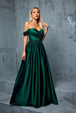 Army Green Off the Shoulder Sateng A-linje lang ballkjole