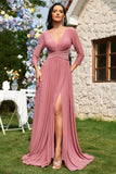 Dusty Rose A-linje V-hals lange ermer Chiffon lang formell kjole