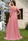 Dusty Rose A-linje V-hals lange ermer Chiffon lang formell kjole